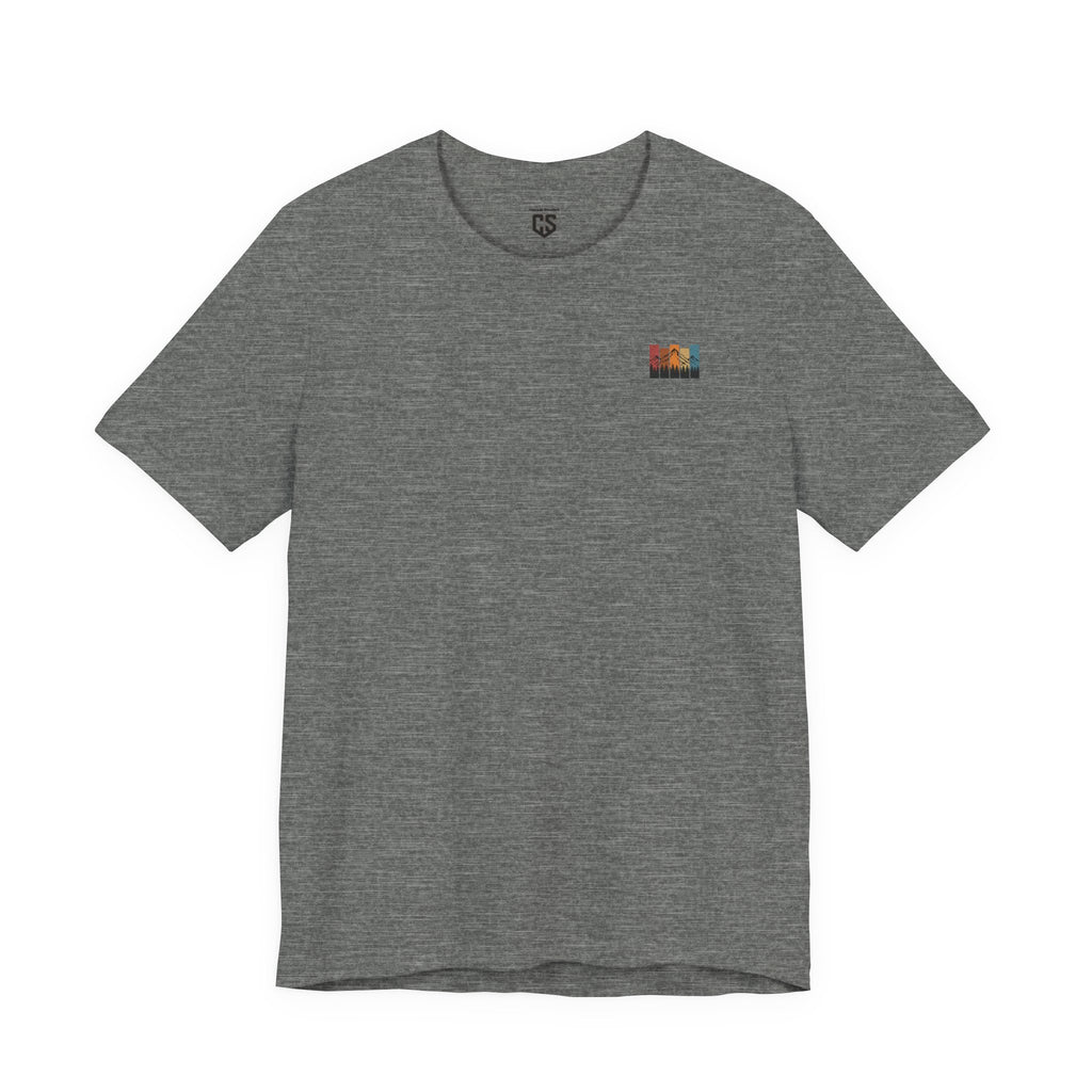 Stacked Sunrise Peaks Tee – Multicolor Mountain Stripe Shirt
