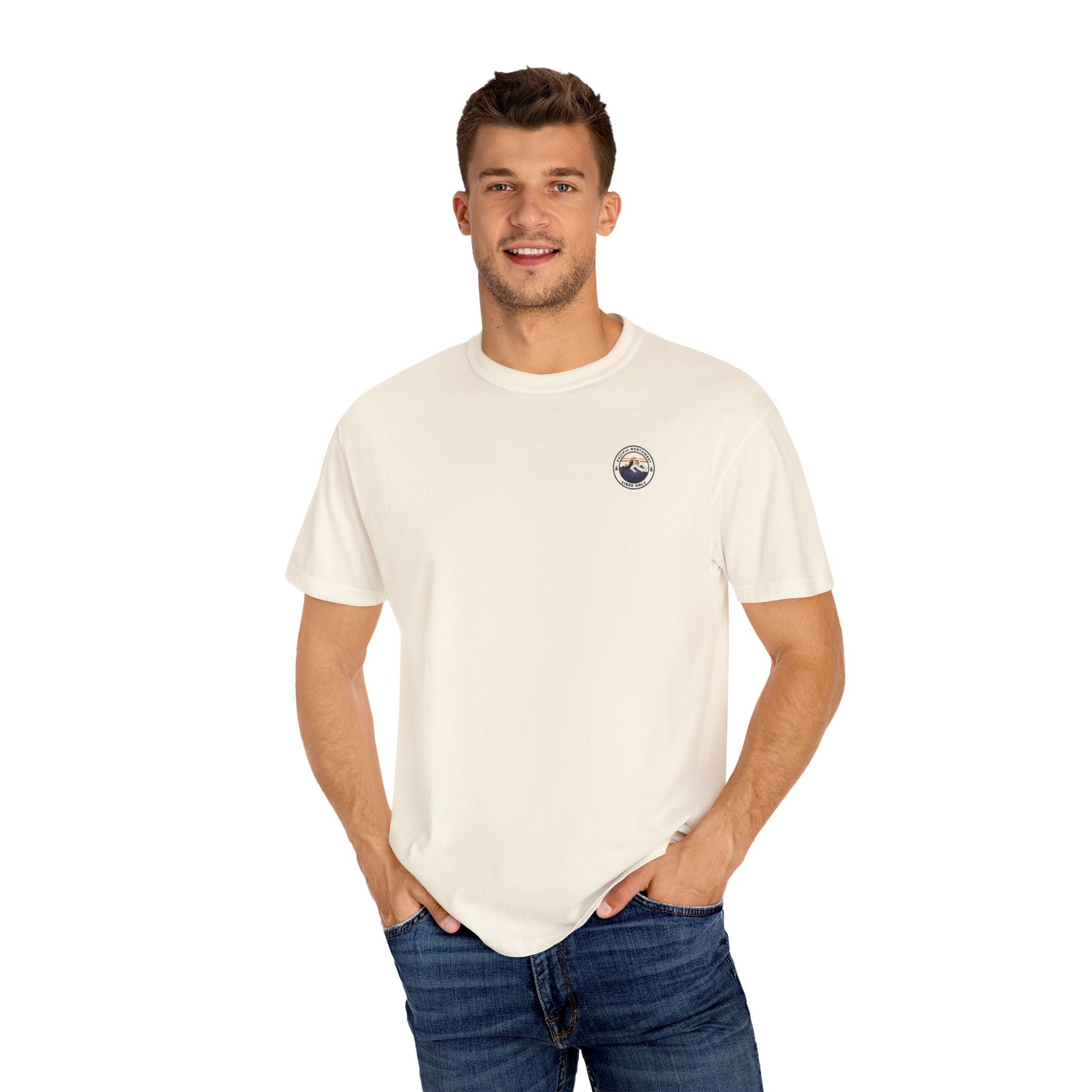 PNW Vibes Only Tee – Circle Badge Mountain Sunset Shirt