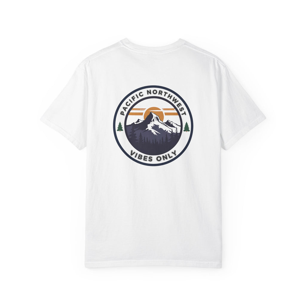 PNW Vibes Only Tee – Circle Badge Mountain Sunset Shirt