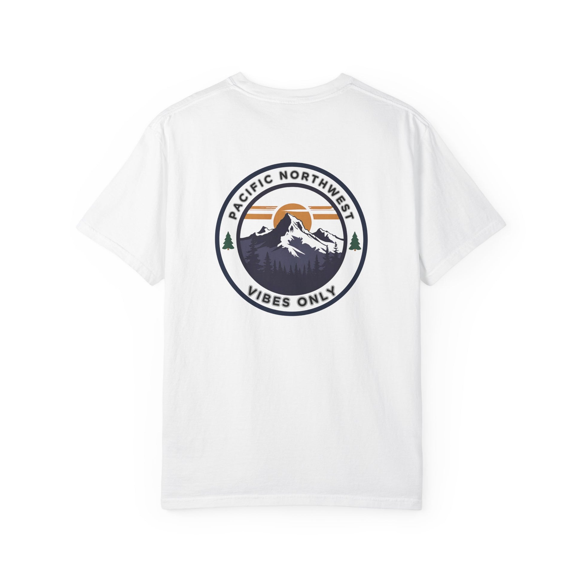 PNW Vibes Only Tee – Circle Badge Mountain Sunset Shirt