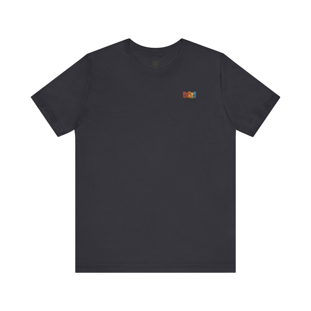 Stacked Sunrise Peaks Tee – Multicolor Mountain Stripe Shirt