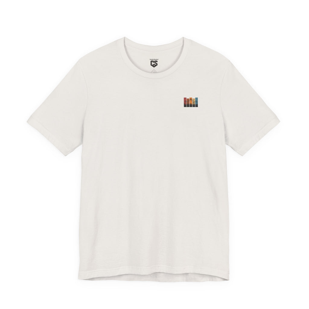 Stacked Sunrise Peaks Tee – Multicolor Mountain Stripe Shirt
