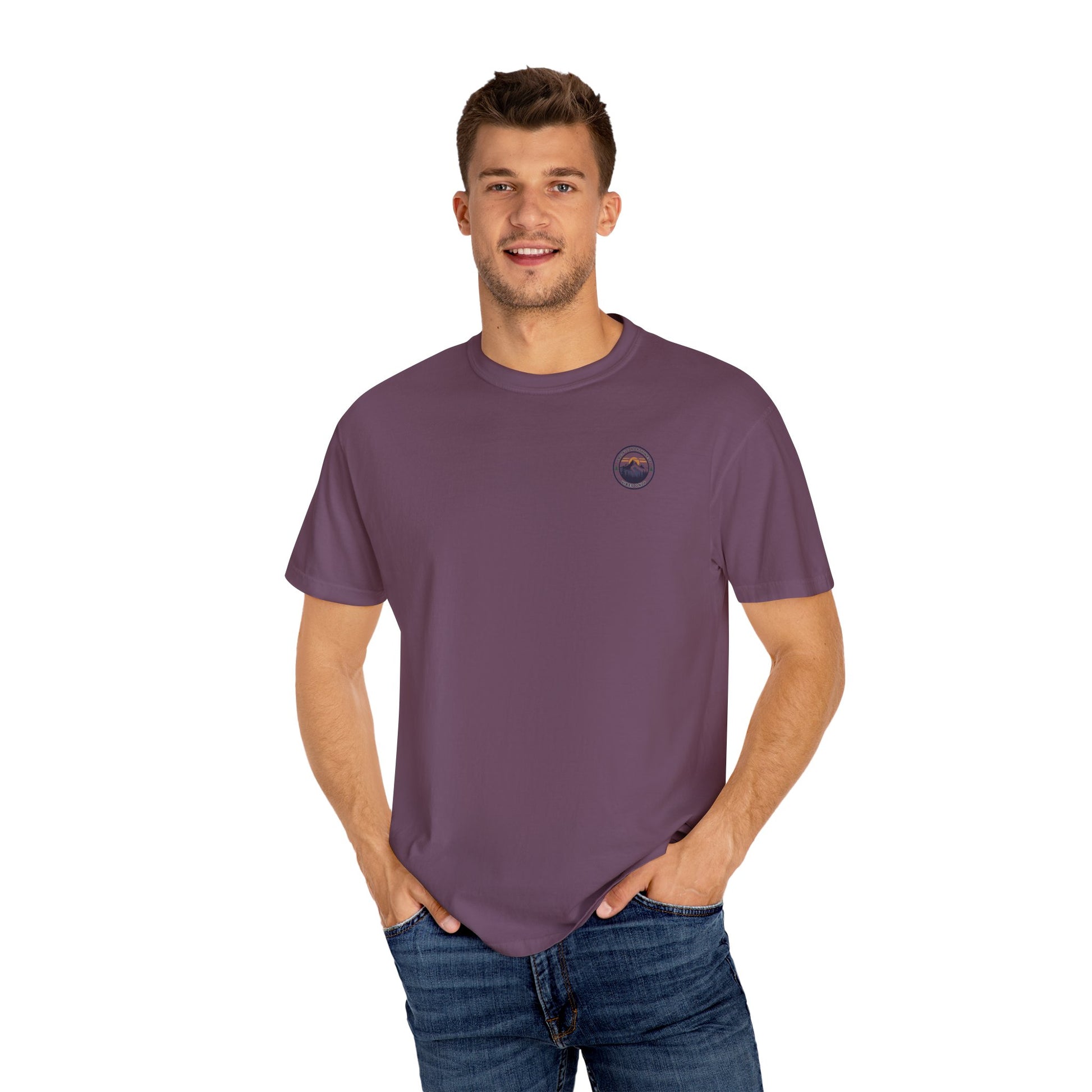 PNW Vibes Only Tee – Circle Badge Mountain Sunset Shirt