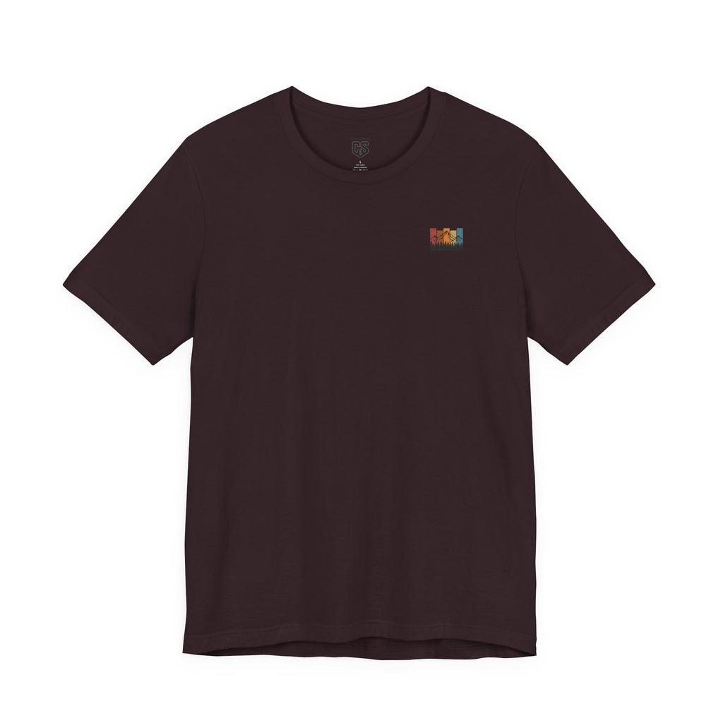 Stacked Sunrise Peaks Tee – Multicolor Mountain Stripe Shirt