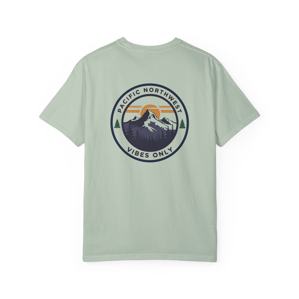PNW Vibes Only Tee – Circle Badge Mountain Sunset Shirt