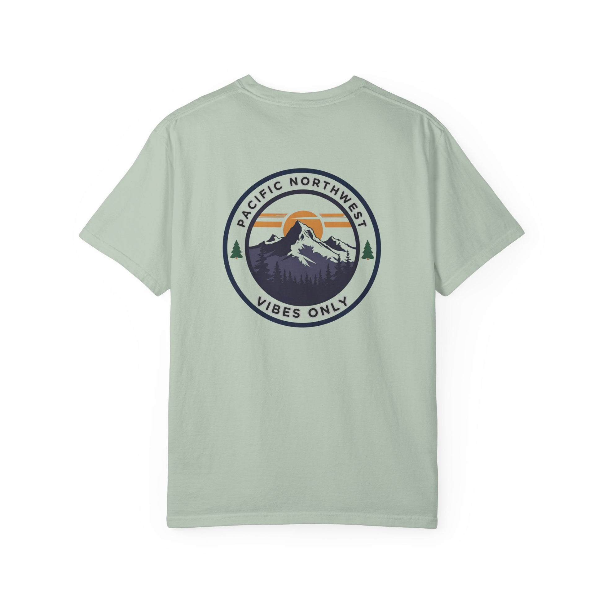 PNW Vibes Only Tee – Circle Badge Mountain Sunset Shirt