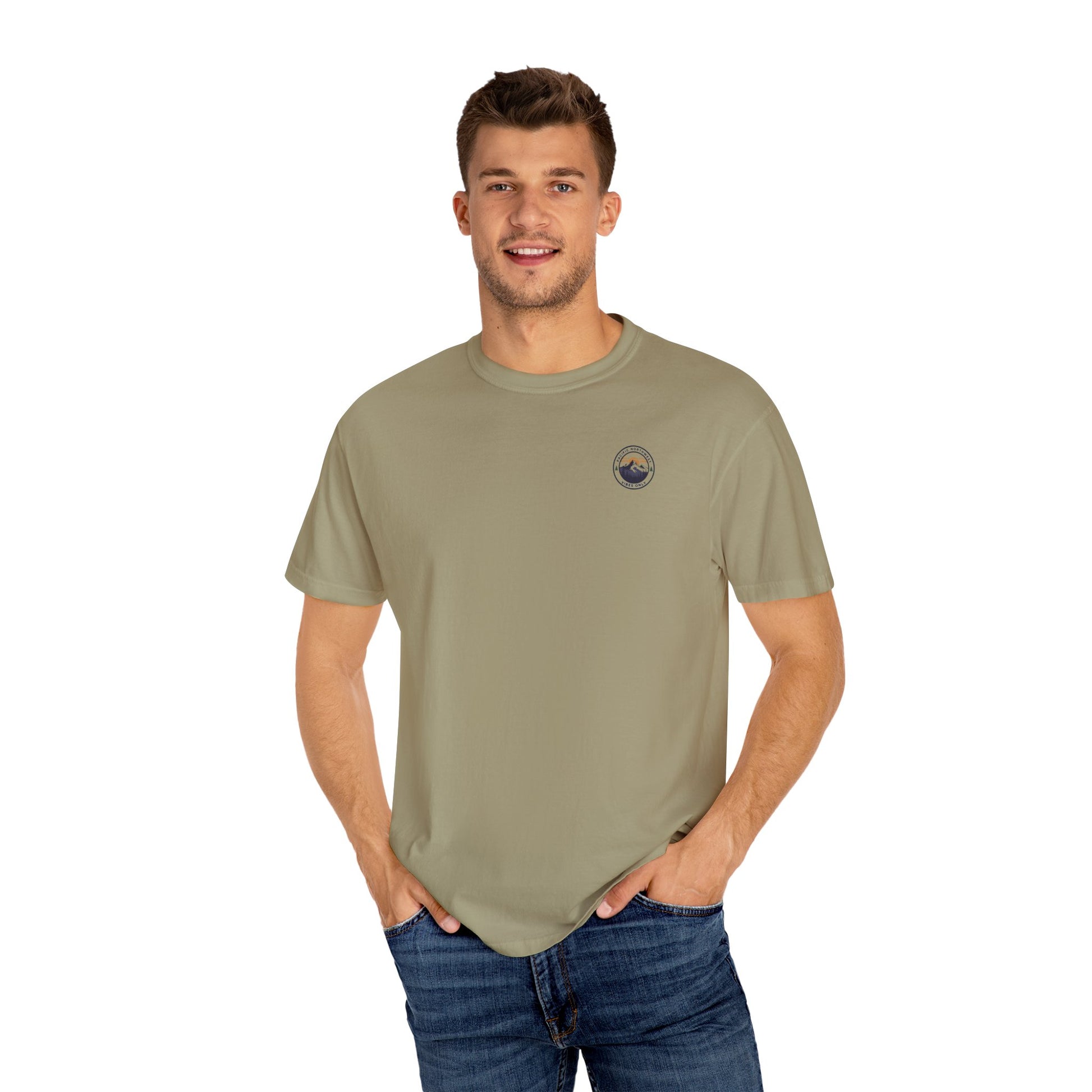 PNW Vibes Only Tee – Circle Badge Mountain Sunset Shirt