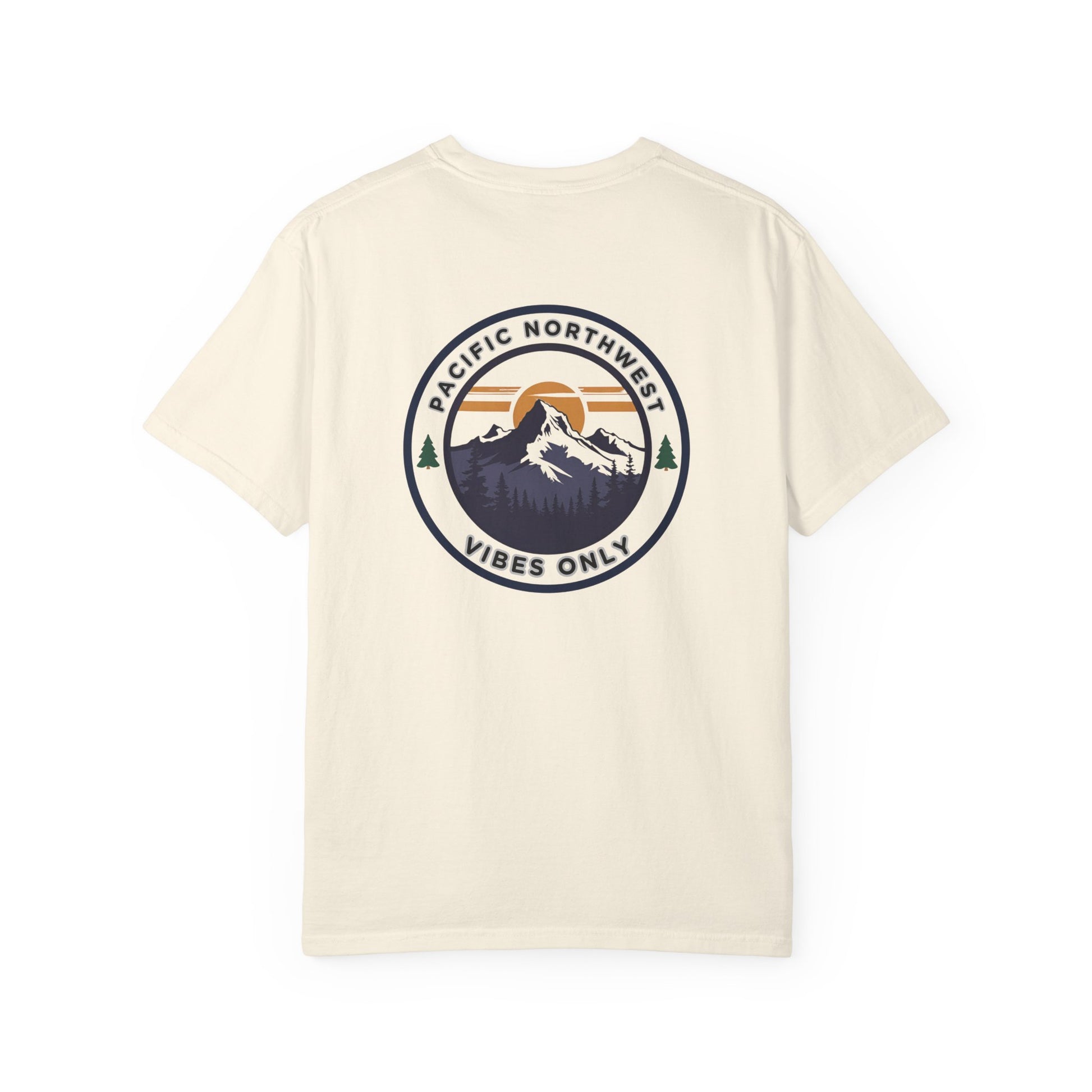 PNW Vibes Only Tee – Circle Badge Mountain Sunset Shirt