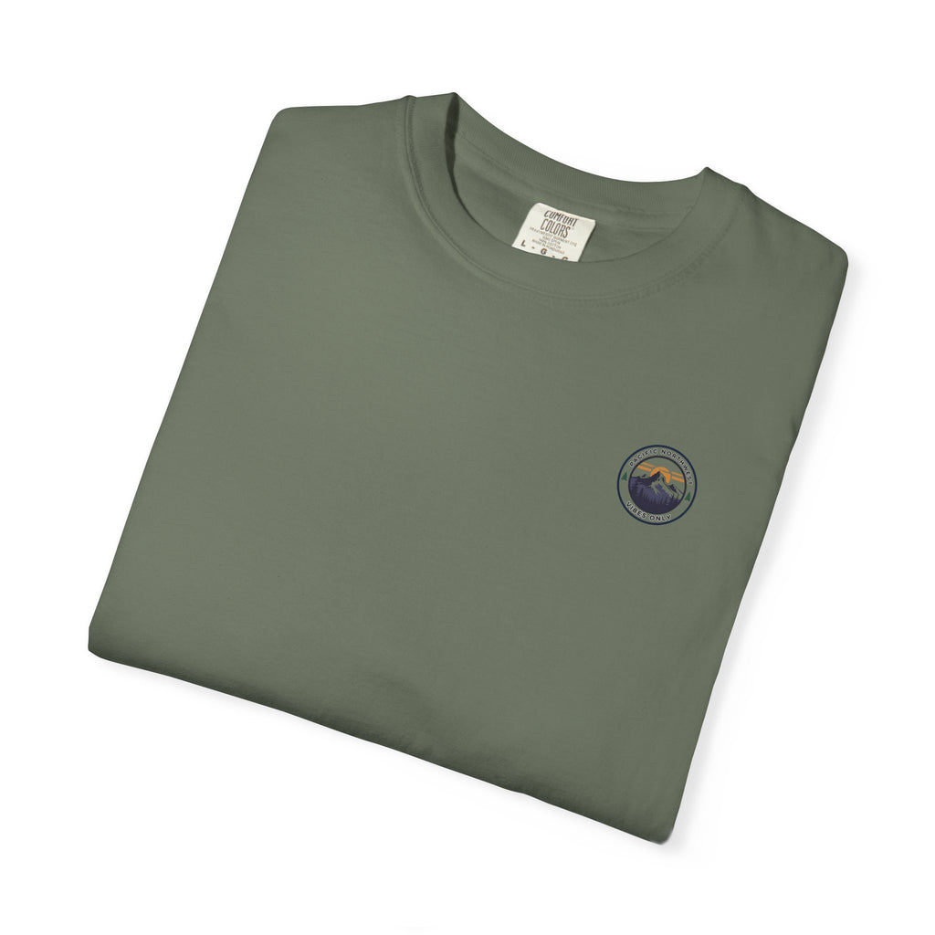 PNW Vibes Only Tee – Circle Badge Mountain Sunset Shirt