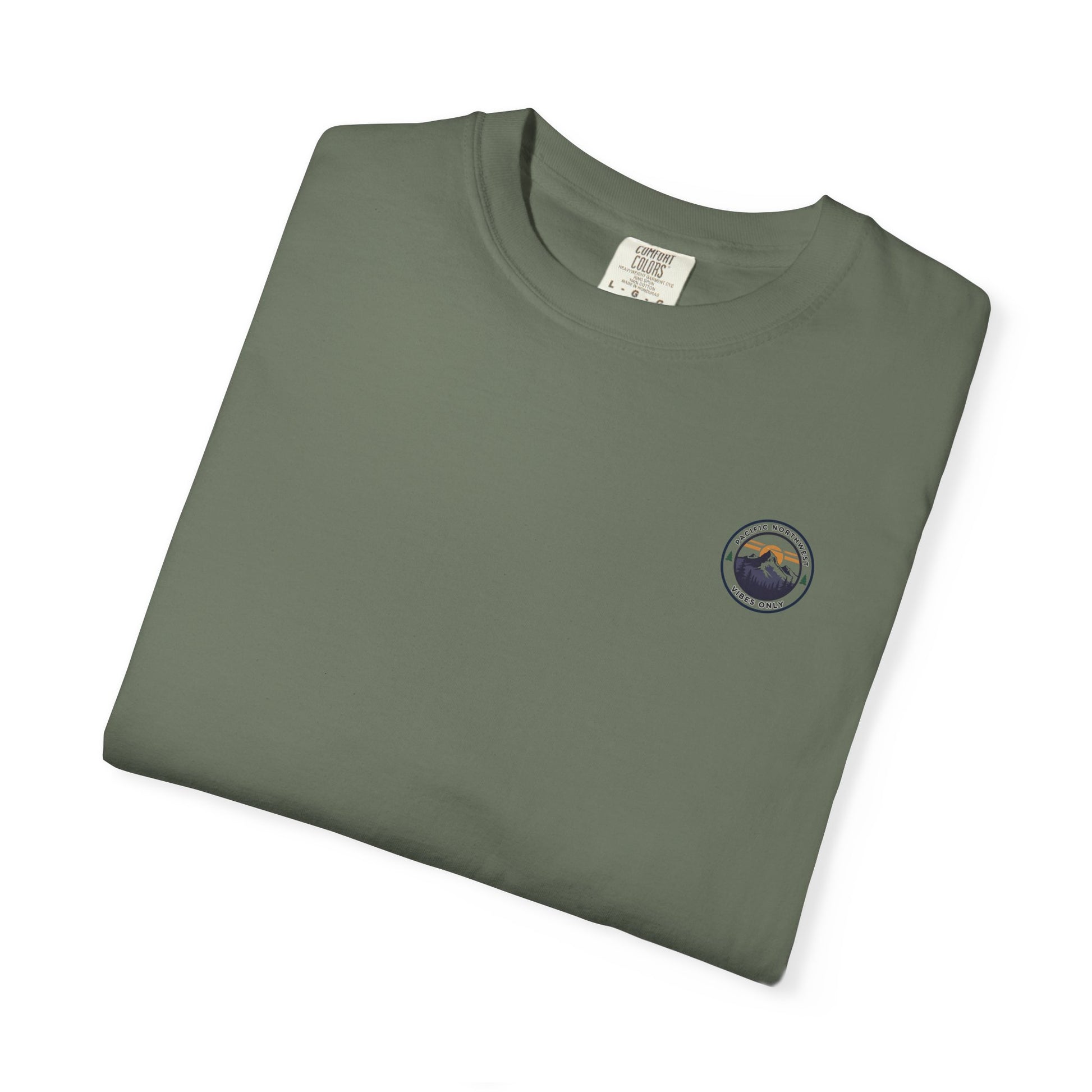 PNW Vibes Only Tee – Circle Badge Mountain Sunset Shirt