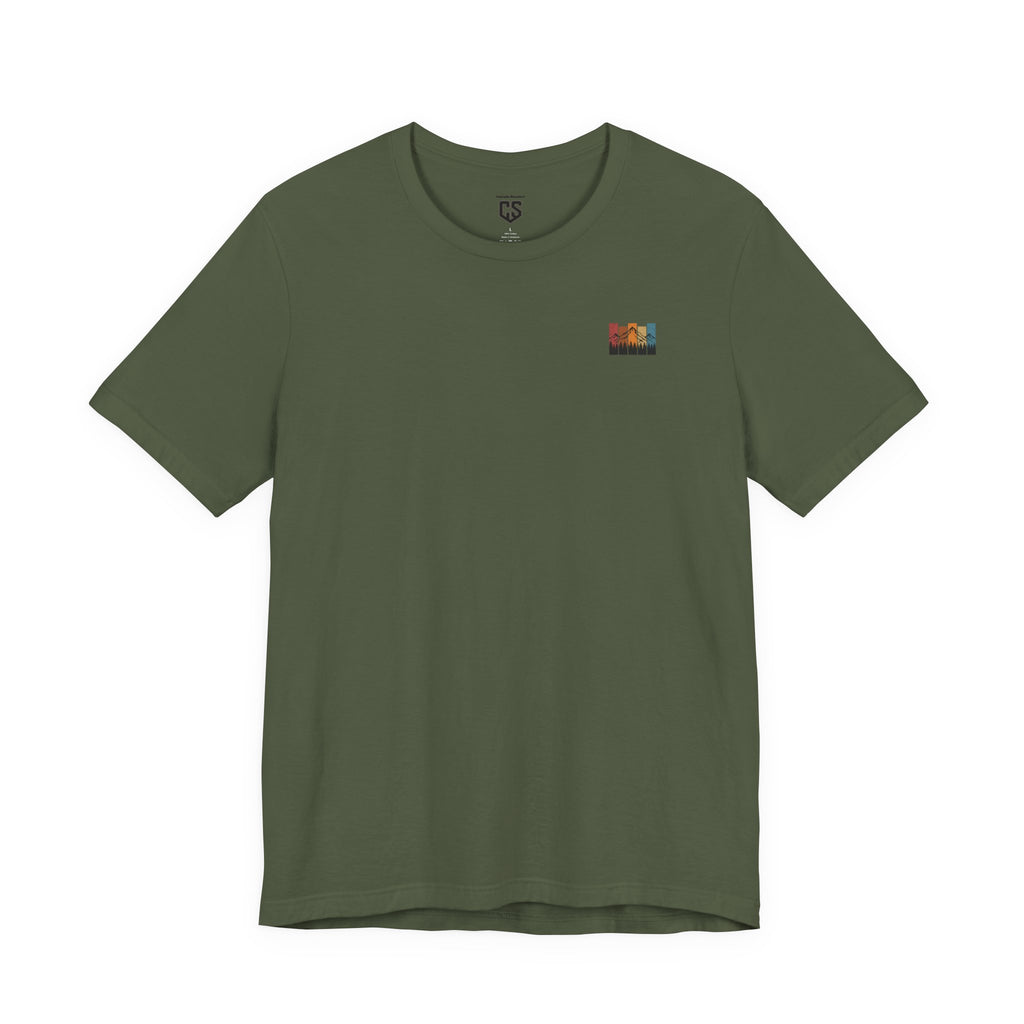 Stacked Sunrise Peaks Tee – Multicolor Mountain Stripe Shirt