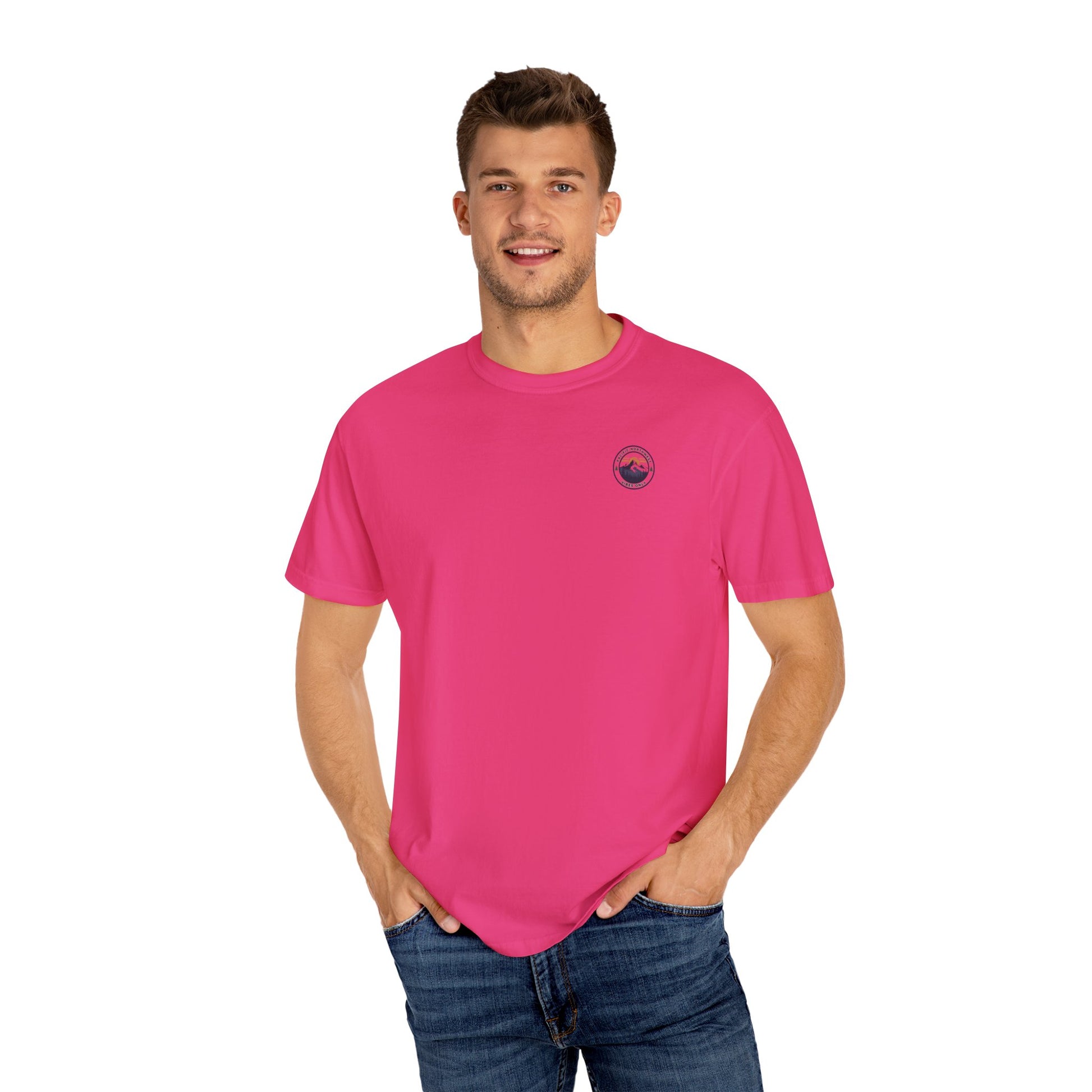 PNW Vibes Only Tee – Circle Badge Mountain Sunset Shirt